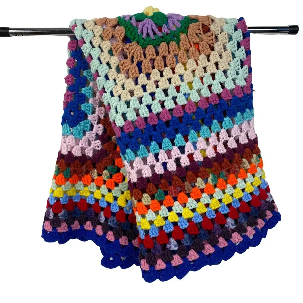 Baby or Lap Blanket Hand Knit Crochet Multicolor Homemade Granny Boho